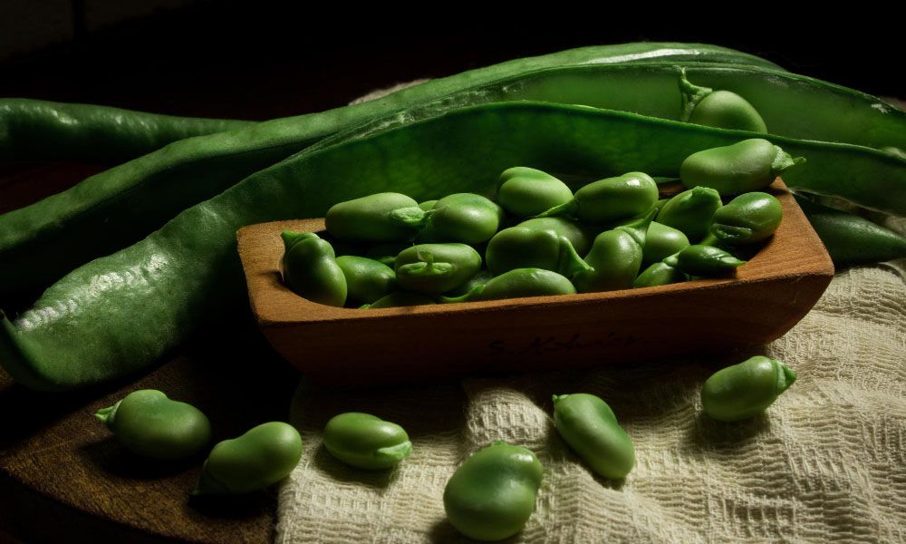 Close up of fresh raw beans in straps in a wooden dish