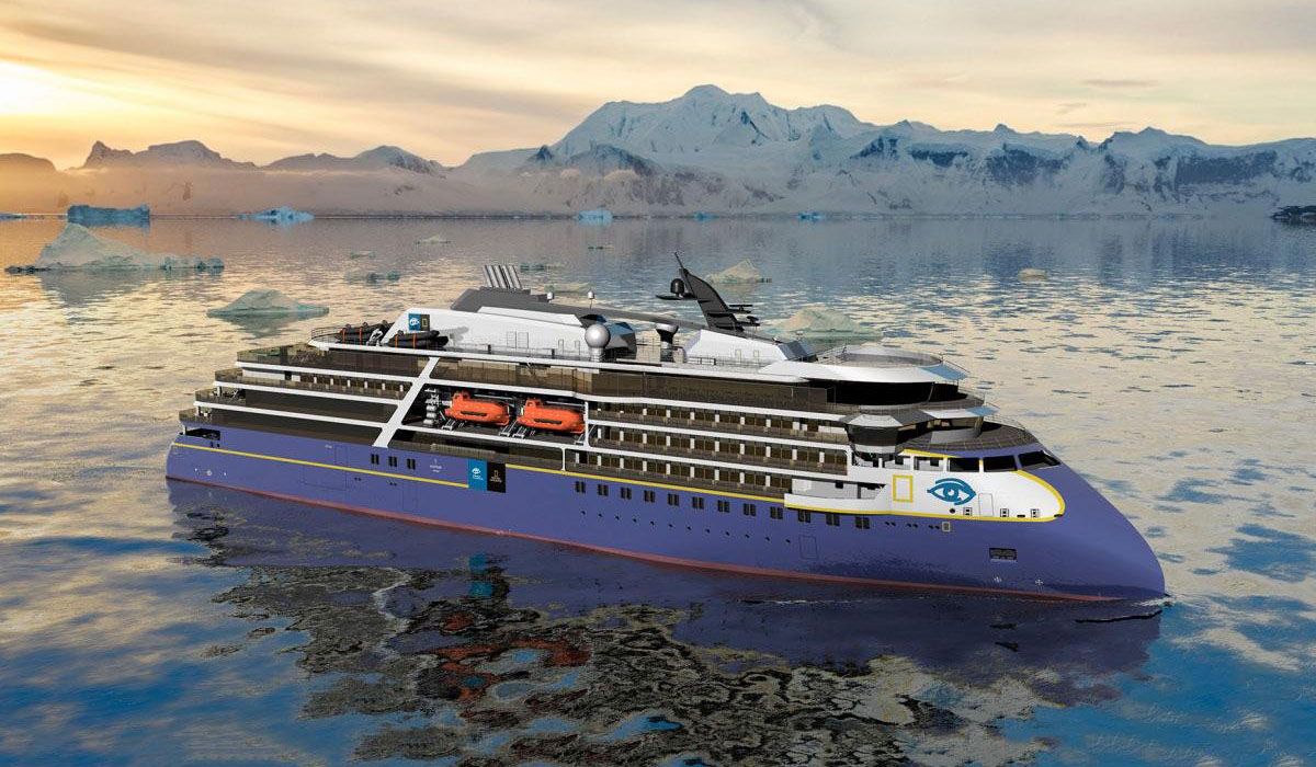 Polar cruise ship with a glacier background