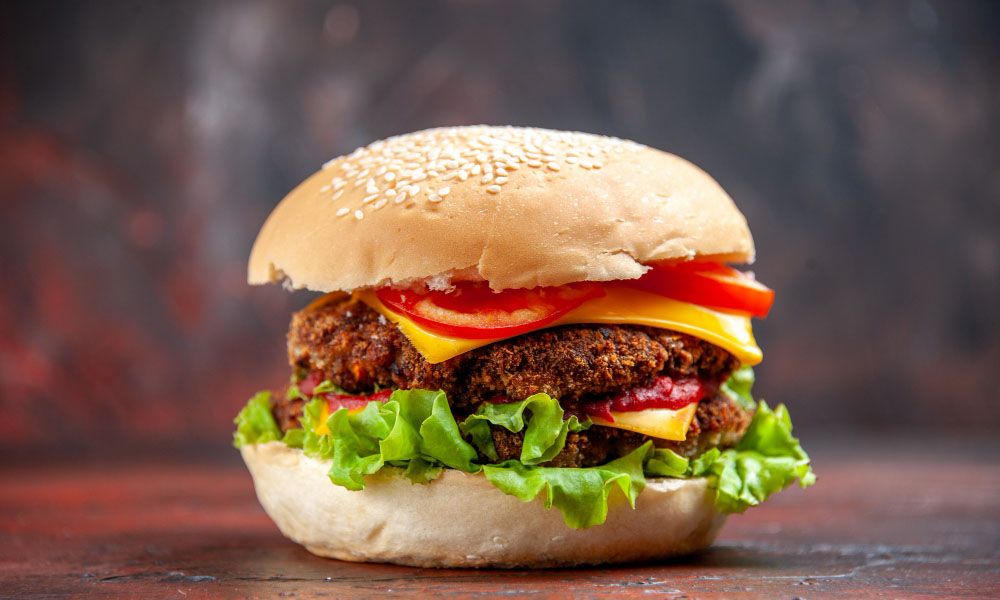 Tasty meat burger with cheese and salad