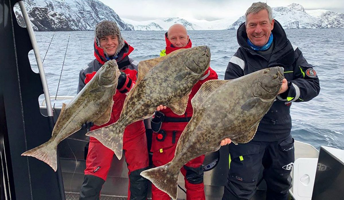 Three fishermen with halibut