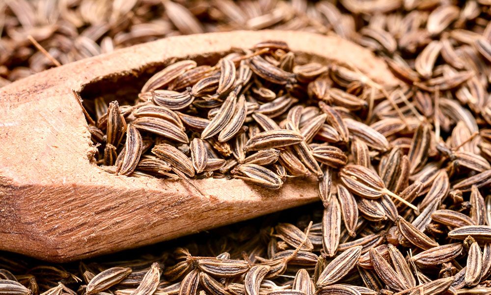 Top view caraway seed wooden spoon