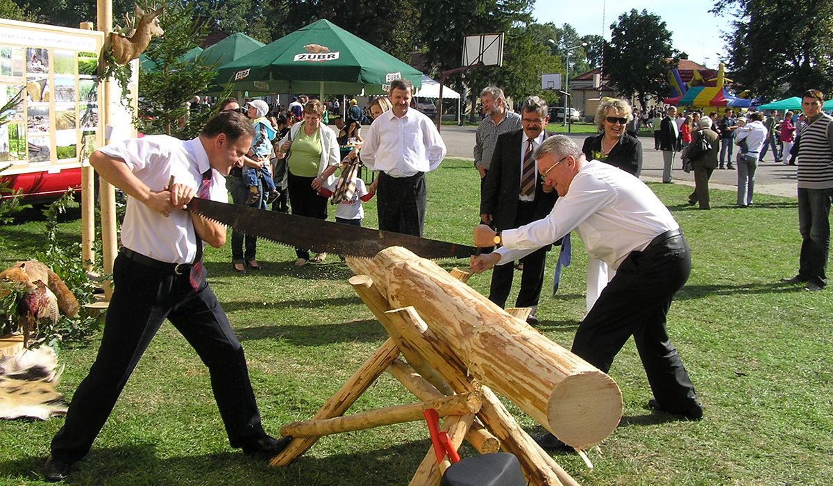 Two men use a two handed saw